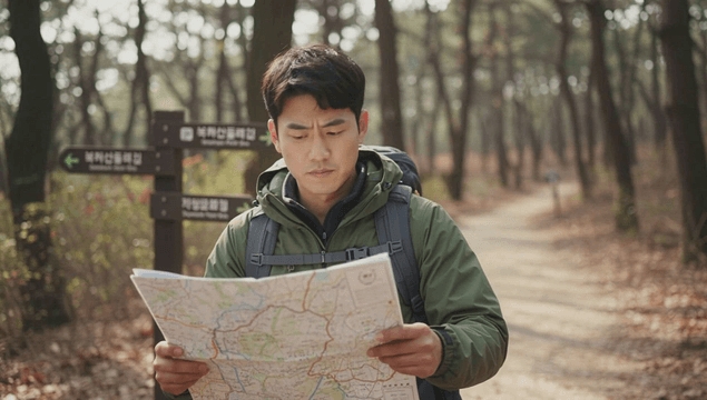 Male hiker reading a map beside a trail signpost