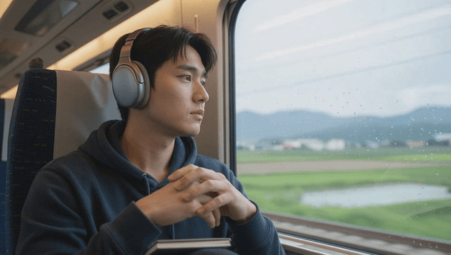 Man listening to music with wireless headset on a rainy train