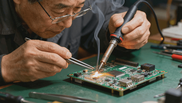 Skilled technician soldering electronic components
