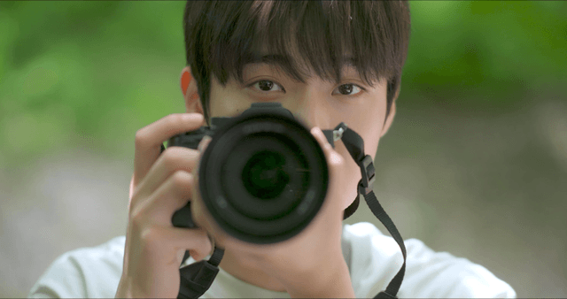 Young man taking photos in a forest