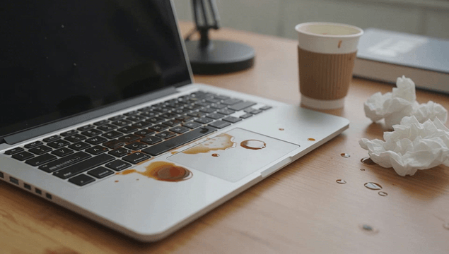 Spilled coffee on laptop and desk