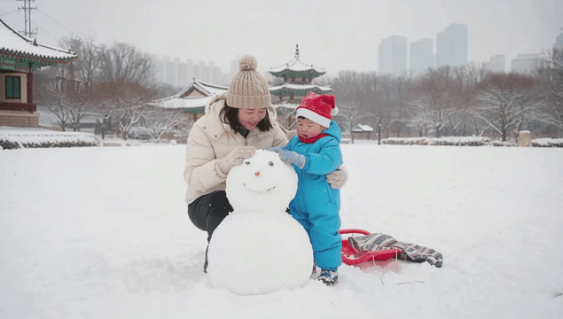 한옥 앞 마당에서 눈사람을 만드는 엄마와 아이