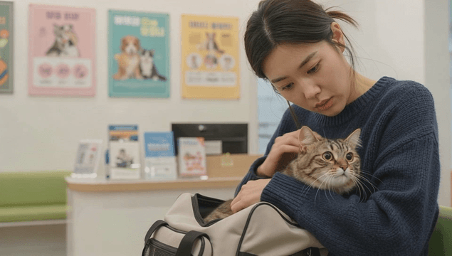 Holding cat at veterinary clinic