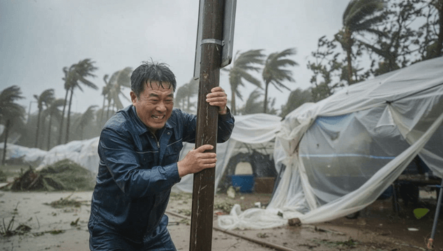 Man holding onto a sign pole during a storm
