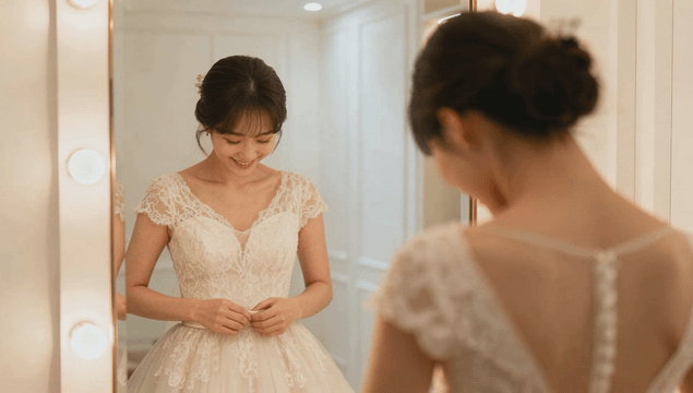 Woman smiling in a fitting room wearing a wedding dress