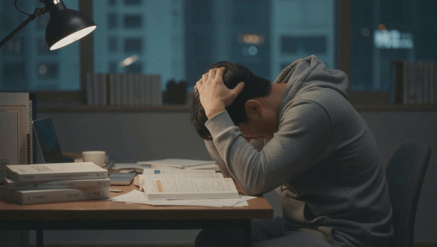 Man studying late at night in his room