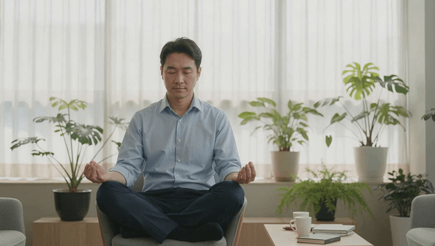 Man meditating peacefully indoors