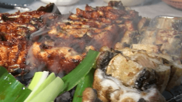 Charcoal-grilled eels with sauce, salt, and green onions