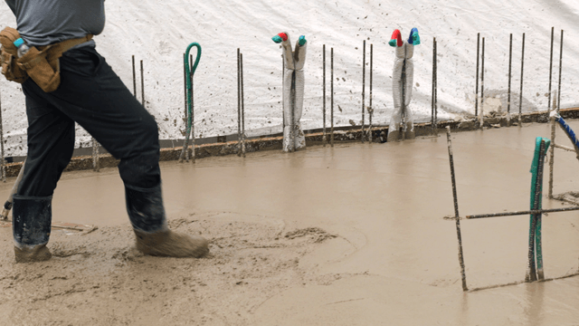Worker smoothing wet concrete at a site