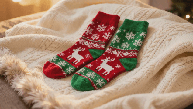 따뜻한 니트 담요 위의 축제 양말