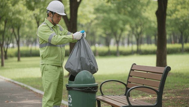 Sanitation worker cleaning park trash bins in the morning