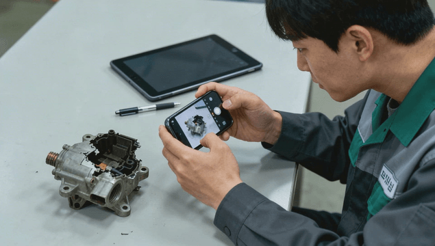 Technician photographing machine parts with smartphone
