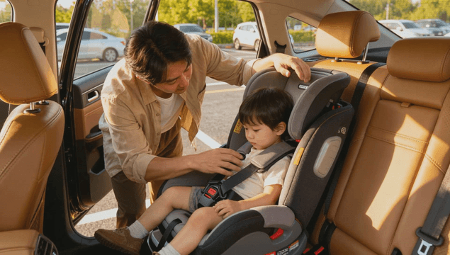 아이를 카시트에 앉히는 아빠