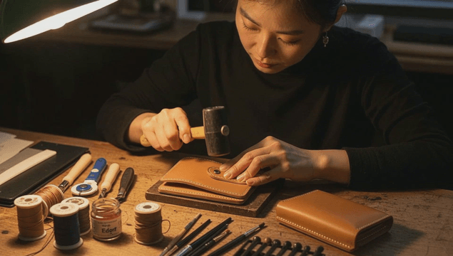 Female artisan crafting leather wallet