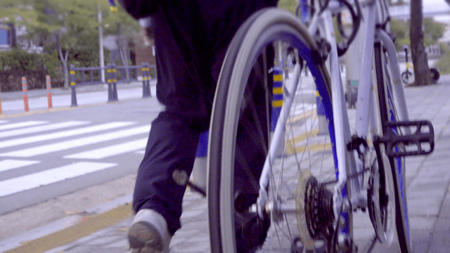 Person walking a bicycle on a sidewalk