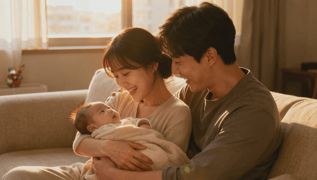 Couple holding a newborn on the sofa in a sunlit living room