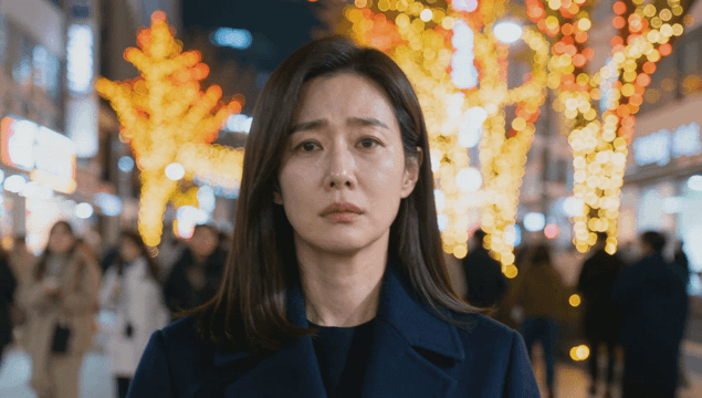 밤 크리스마스 거리의 슬픈 여성