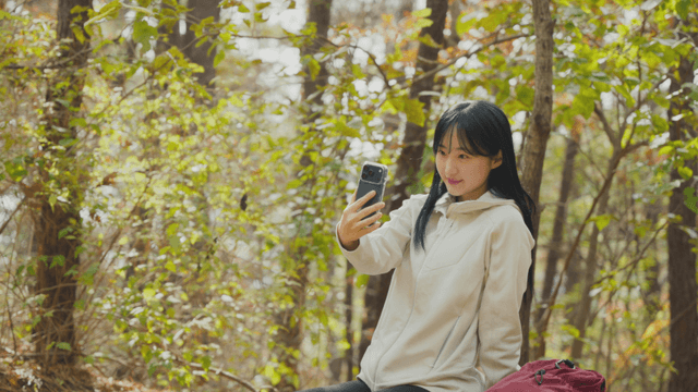 Woman taking selfie on bench in autumn forest