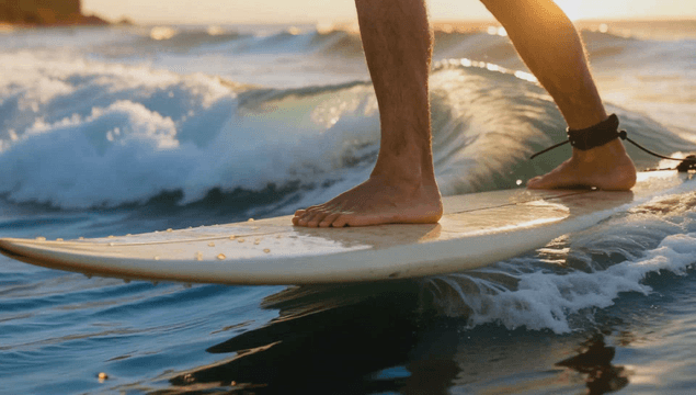 Surfing legs riding waves at sunset