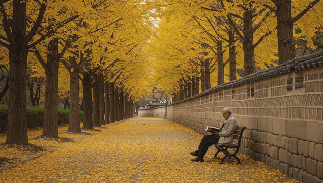 Elderly person reading a book on a bench beside a wall