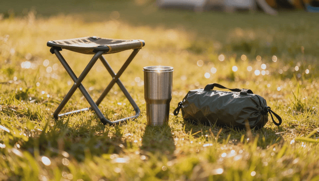 Camping gear on grass under sunlight