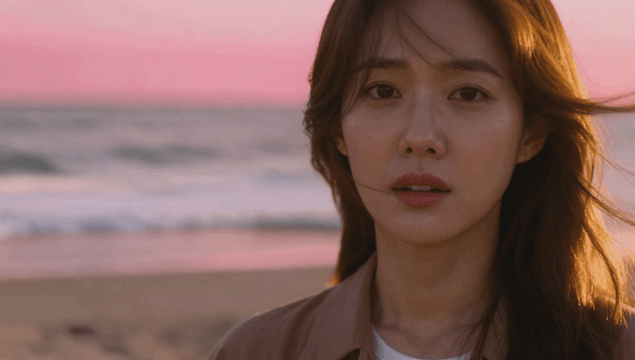 Young woman standing on a sunset beach