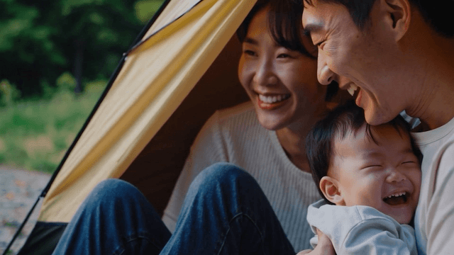 Family smiling inside a tent