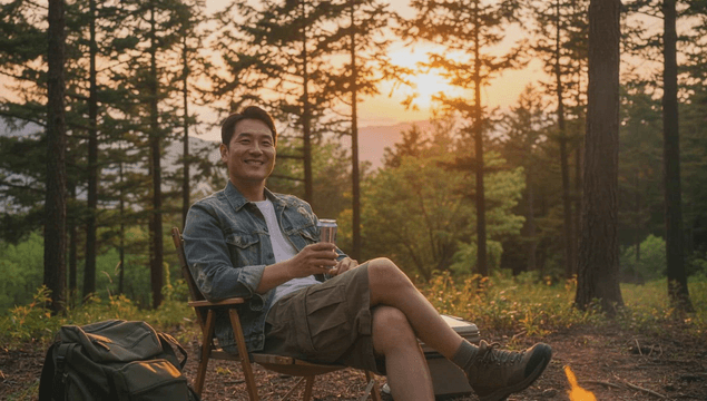 Man enjoying canned beer by campfire in forest