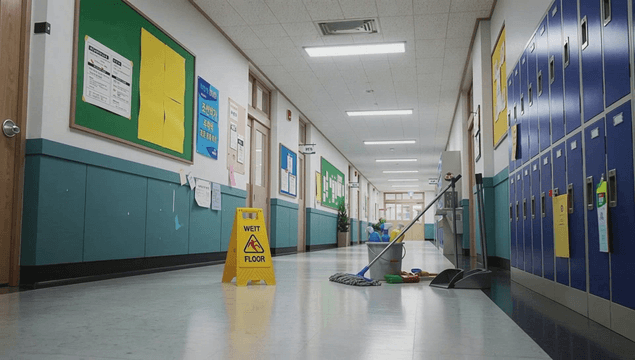 Empty school hallway with cleaning tools