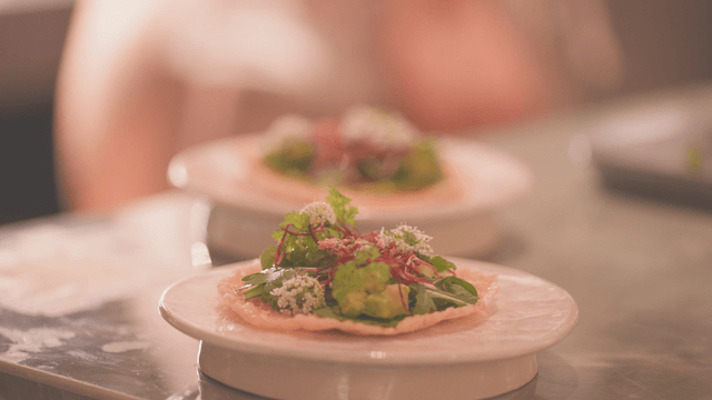 Gourmet dishes prepared on white glass plate