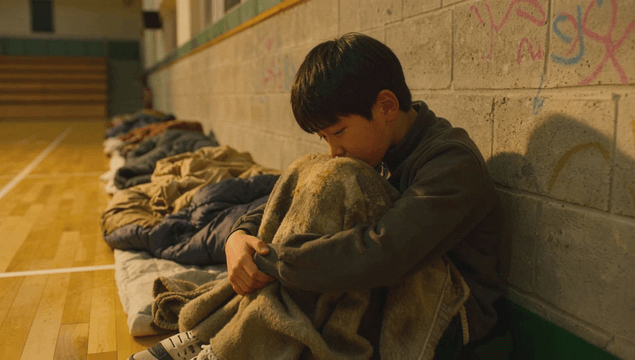Child sitting in a gym shelter with blankets