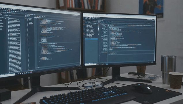 Dual monitors displaying code in office