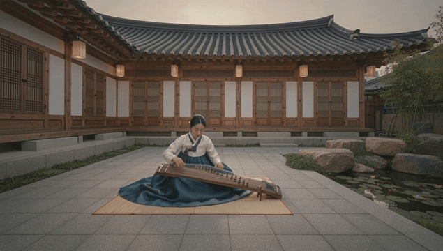 Traditional Korean house with a woman playing gayageum