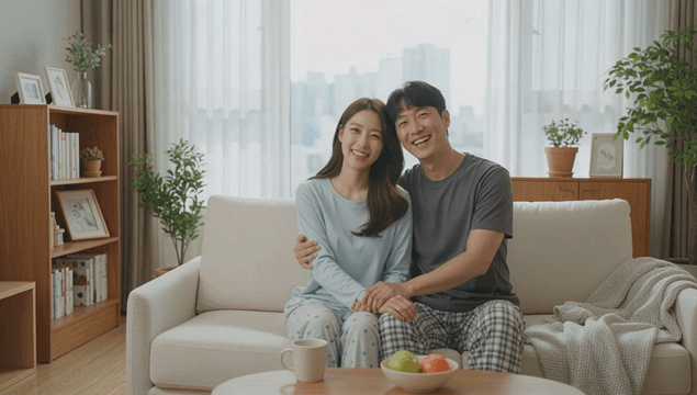 Newlywed couple smiling on a sofa at home