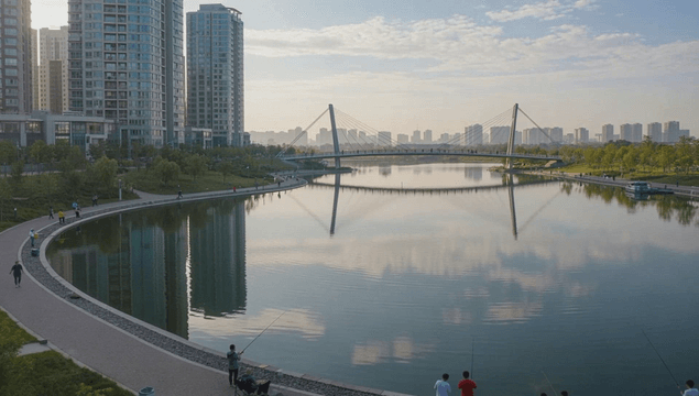 Calm city park with lake and bridge