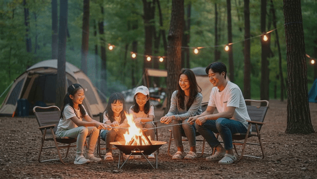 Family enjoying a campfire in the forest