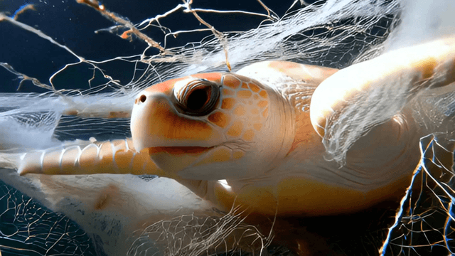 Turtle entangled in a fishing net underwater