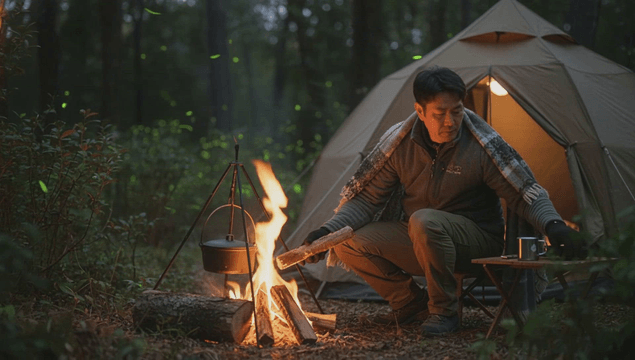 Man camping alone in a night forest