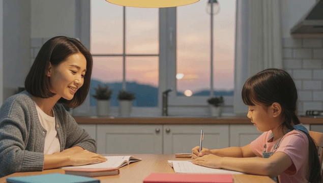 Mother and daughter studying together at the home dining table
