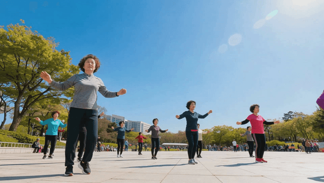 공원에 모여 체조하는 노인 여성들