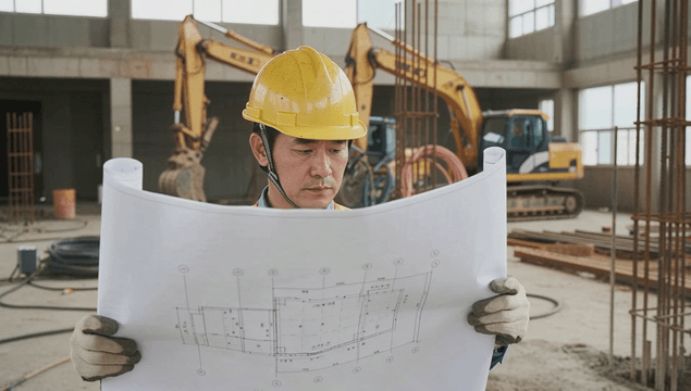Construction manager reviewing blueprints at worksite
