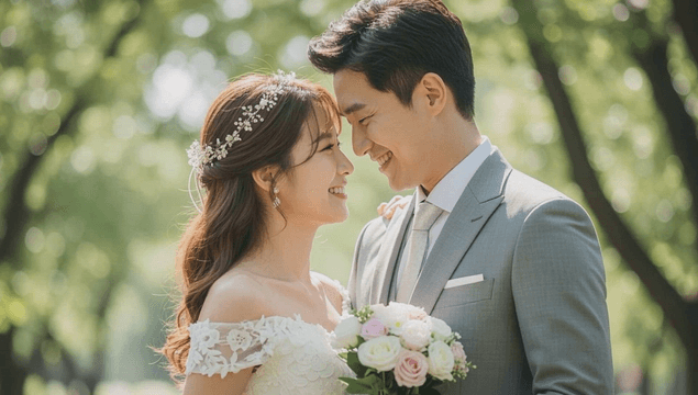 Smiling bride and groom in park