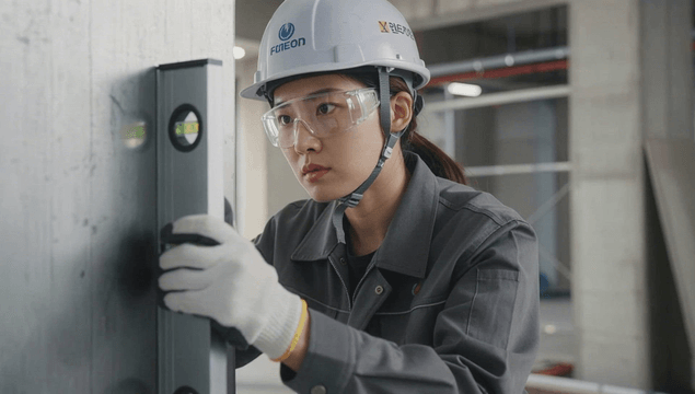 Focused construction woman worker using a spirit level