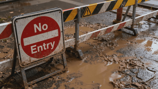 Muddy road with a no-entry sign