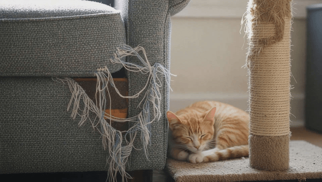 Kitten sleeping beside a scratched sofa