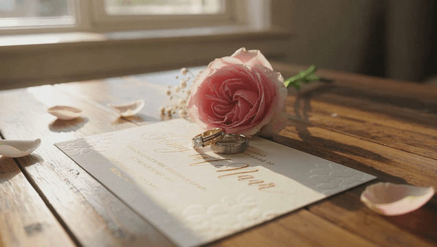Wedding invitation with rings and pink roses