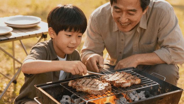 캠핑 그릴에서 스테이크를 굽는 아버지와 아들