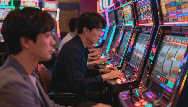 People addicted to slot machines in a casino