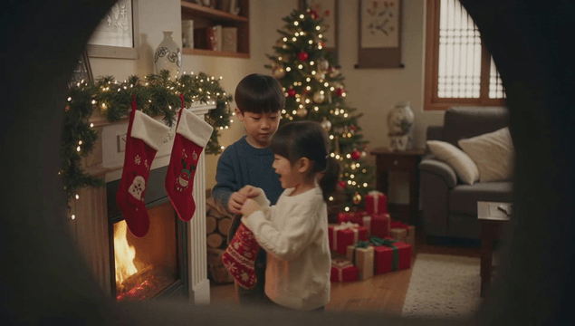 벽난로에 양말을 걸고 있는 아이들