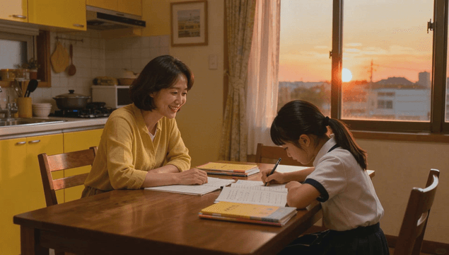 Mother and daughter studying at sunset